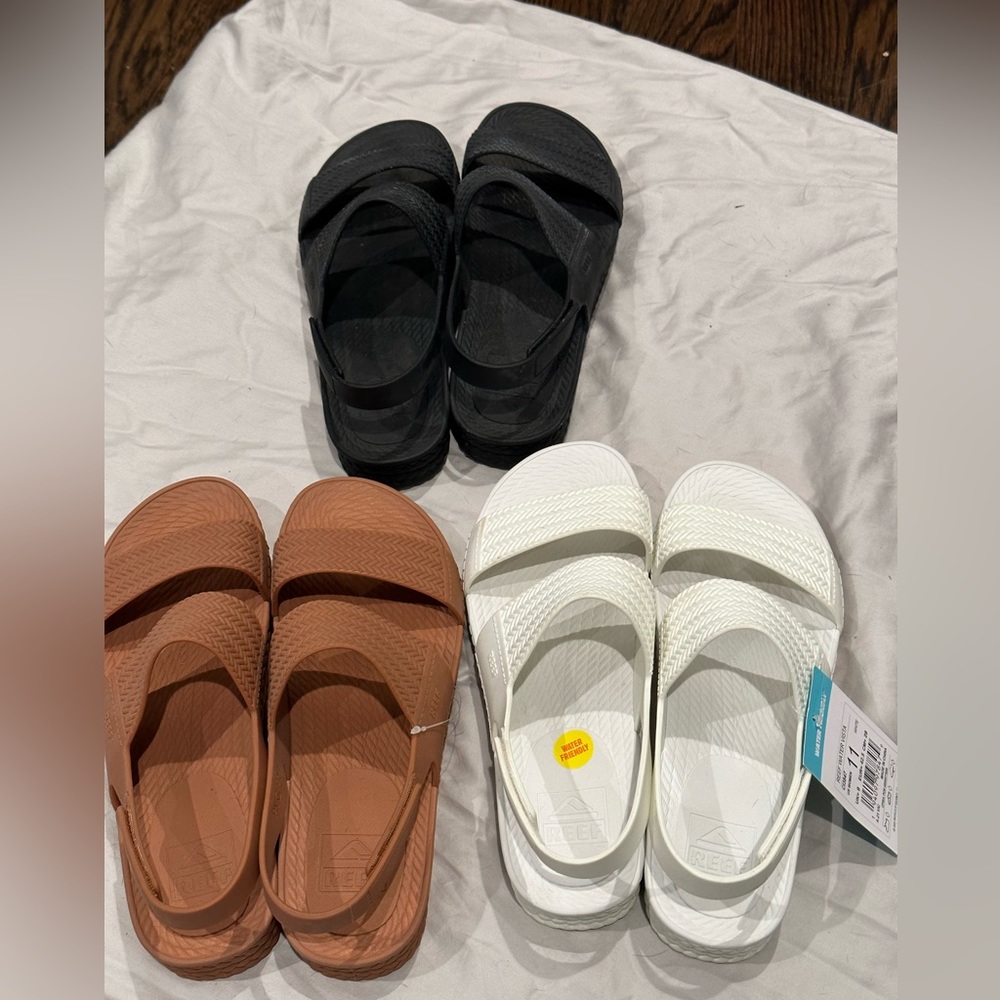 Three pairs! Reef Water Vista sandals in Brown, Black and White!